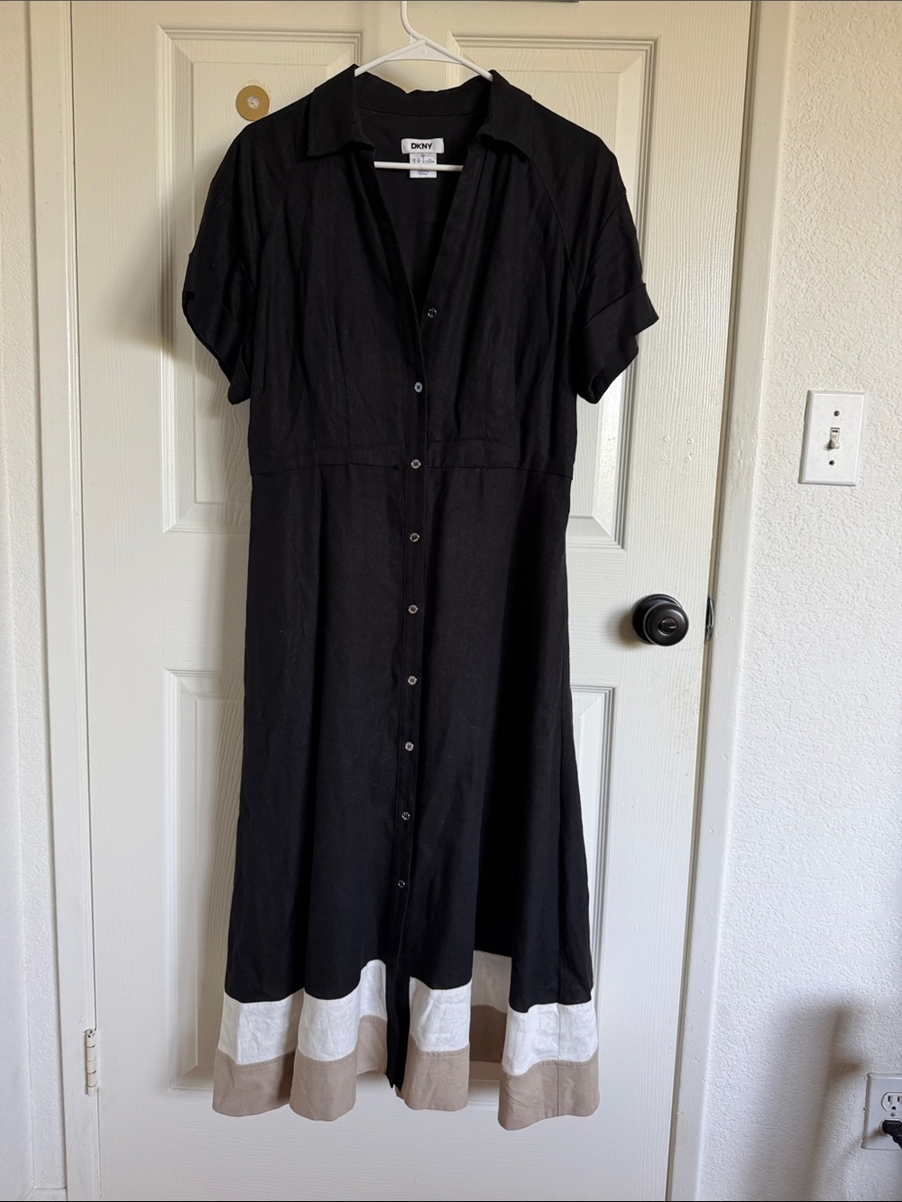 DKNY Black Midi Shirt Dress with Cream and Tan Hem
